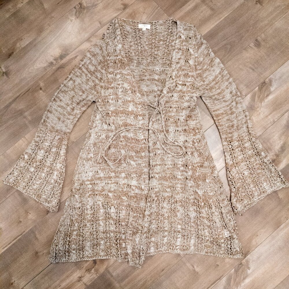 UMGEE Beige Long Cardigan Womens Size Small Melange Knit Crochet Bell Sleeve